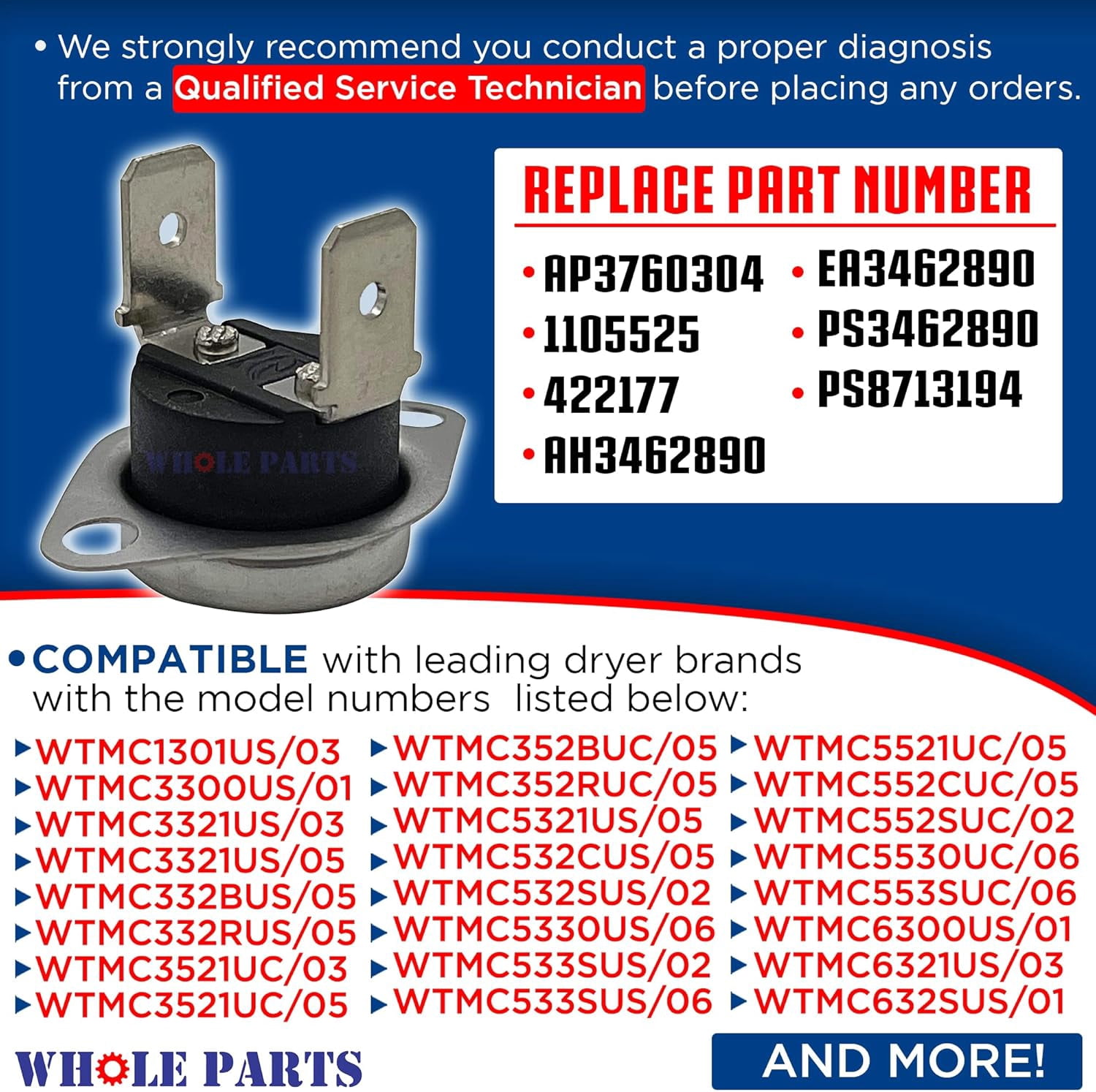 Whole Parts Dryer High Limit Thermostat Part # 00422177/422177 - Replacement & Compatible With Some Bosch Dryers - Replaces AP3760304, 1105525 - Non-OEM Appliance Parts & Accessories - 2 Yr Warranty