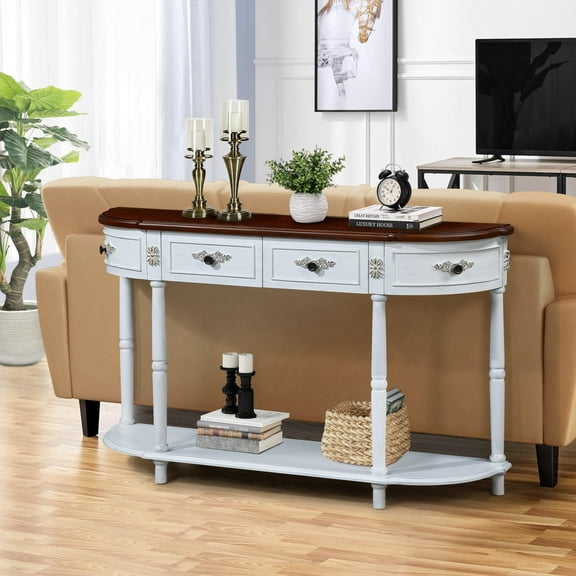 Noble House Ernestine Console Table, Pine Wood Frame with Drawers and Shelf, Half Moon Entryway Table, Antique White