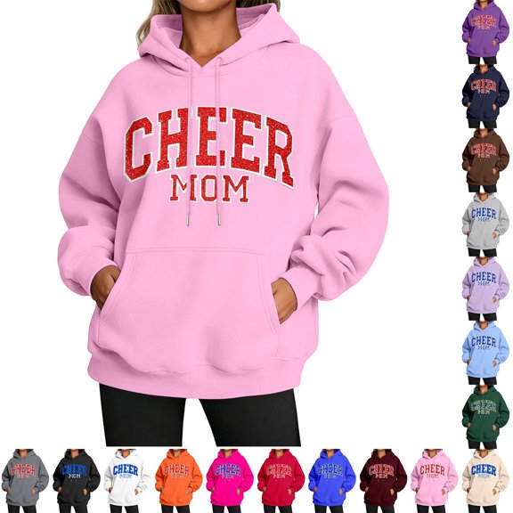 Women Cheer Mom Graphic Hoodie Letter Print Long Sleeve Hooded Oversized Casual Pullover Top L