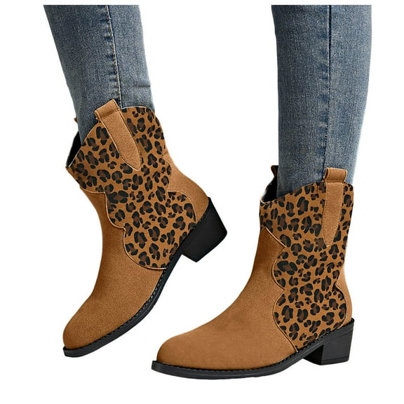 Leopard Cowboy Cowgirl Boots for Women Winter Fall Shoes Trendy Suede Pointed Toe Wide Mid Calf Boots
