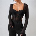 thumbnail image 4 of MYG Mode Femme Aguichant Dentelle Maille Chevrons Slim Col Carré Manches Longues Hauts, 4 of 9
