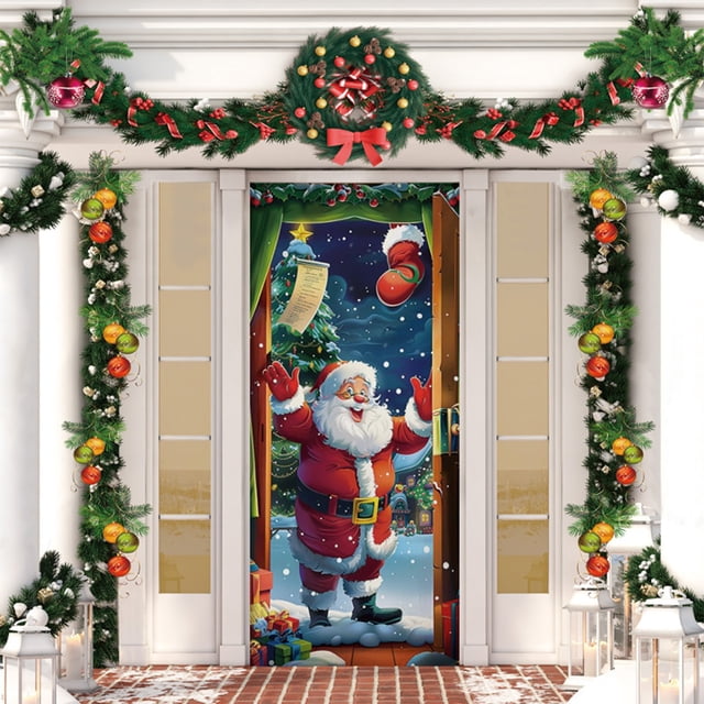 Christmas Santa Claus Door Cover Polyester Holiday Decoration Banner Indoor Outdoor Home Wall Front Door Decor Backdrop for Xmas Party
