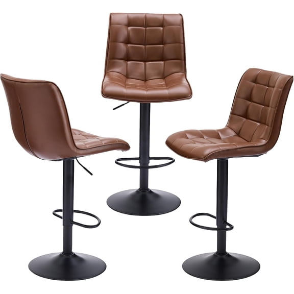 FIRAVOE Bar Stools Set of 3, Swivel Counter Height Bar Stools with Back (Adjustable 24"-33") Faux Leather Barstools Bar Chairs for Kitchen Island, Brown