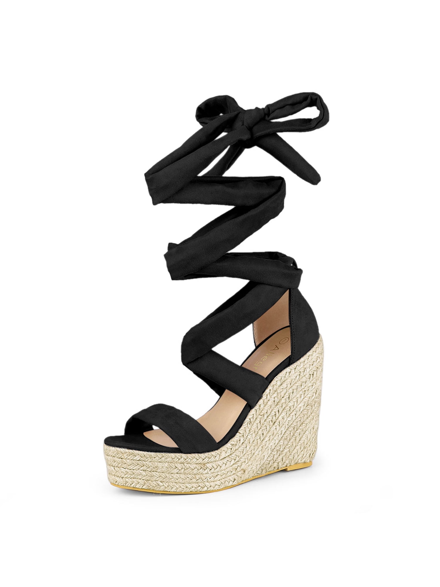 black wedge tie up sandals
