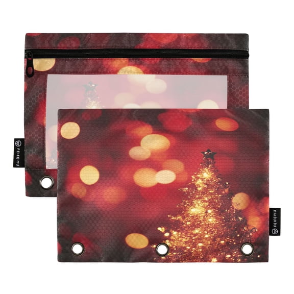 Golden Christmas Tree with Light Binder Pouches Zipper Pocket Document Storage 3 Rings 2 Packs A5 Size