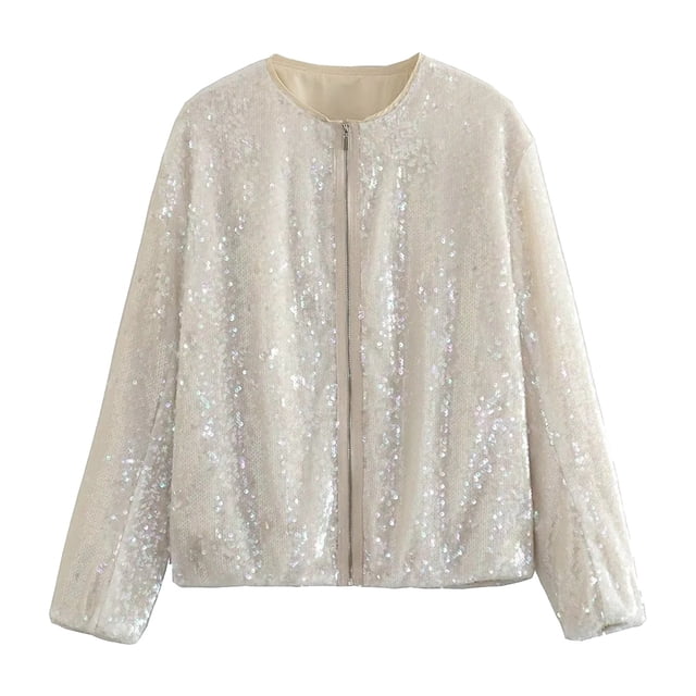 HBFAGFB Vestes à Sequins pour Femmes Manteau à Col Rond à la Mode Polyvalent pour Usage Quotidien Blanc Taille m