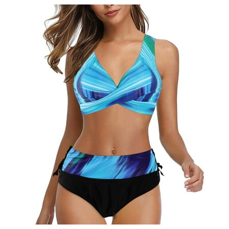 zuwimk Bikinis For Women Women Plus Size 3 Piece Tankini Swimsuits Bathing Suits with Boy Shorts Tank Top with Sports Bra Blue L