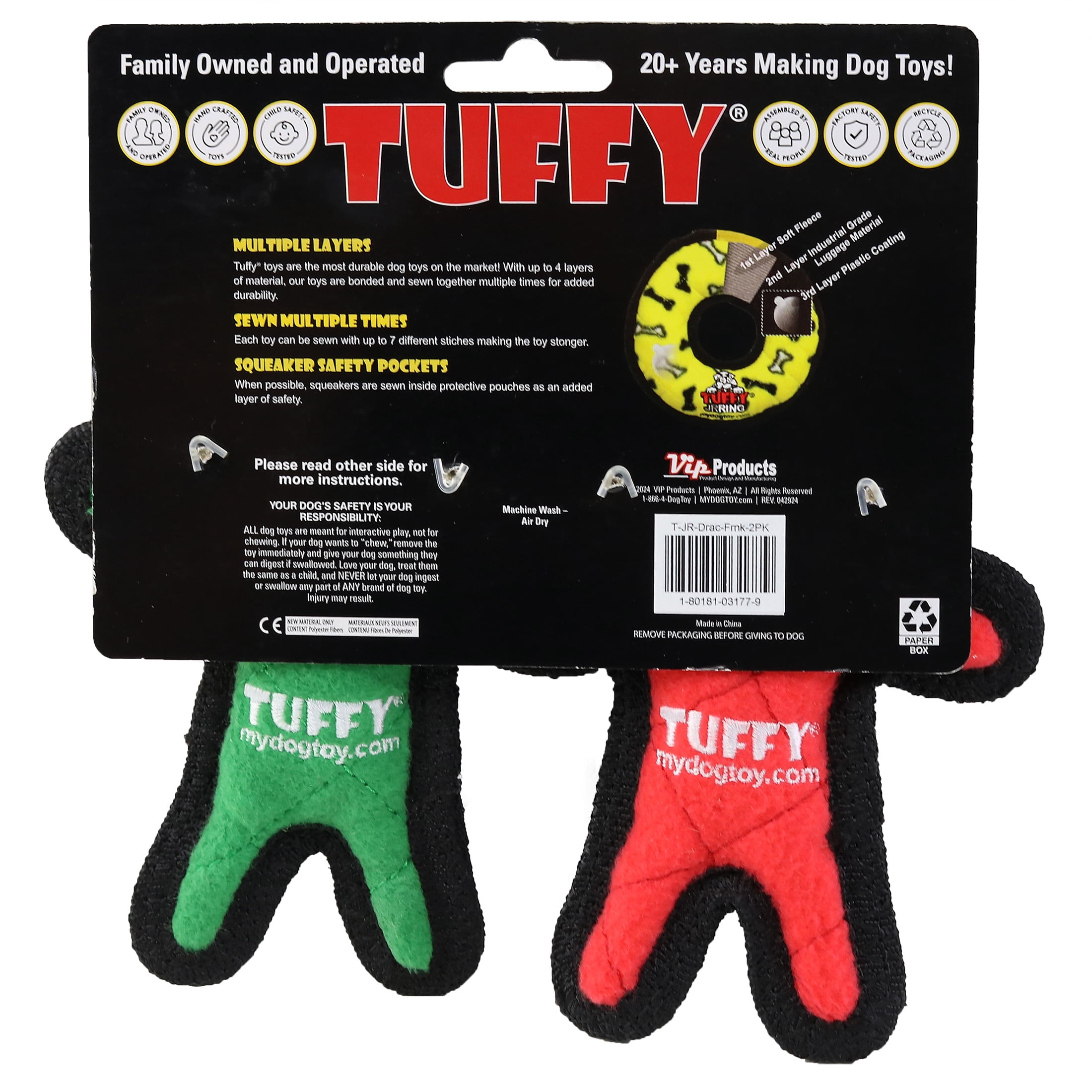 TUFFY Jr Holiday Dracula and Frankenstein Durable Plush Squeaky Dog Toy, 2-Pack