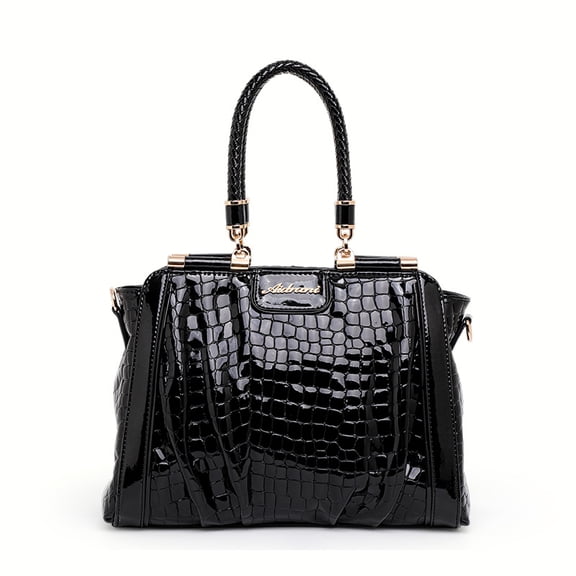 Large-capacity genuine cowhide leather tote bag with stone pattern, glossy finish, suitable for single-shoulder and hand-carrying
