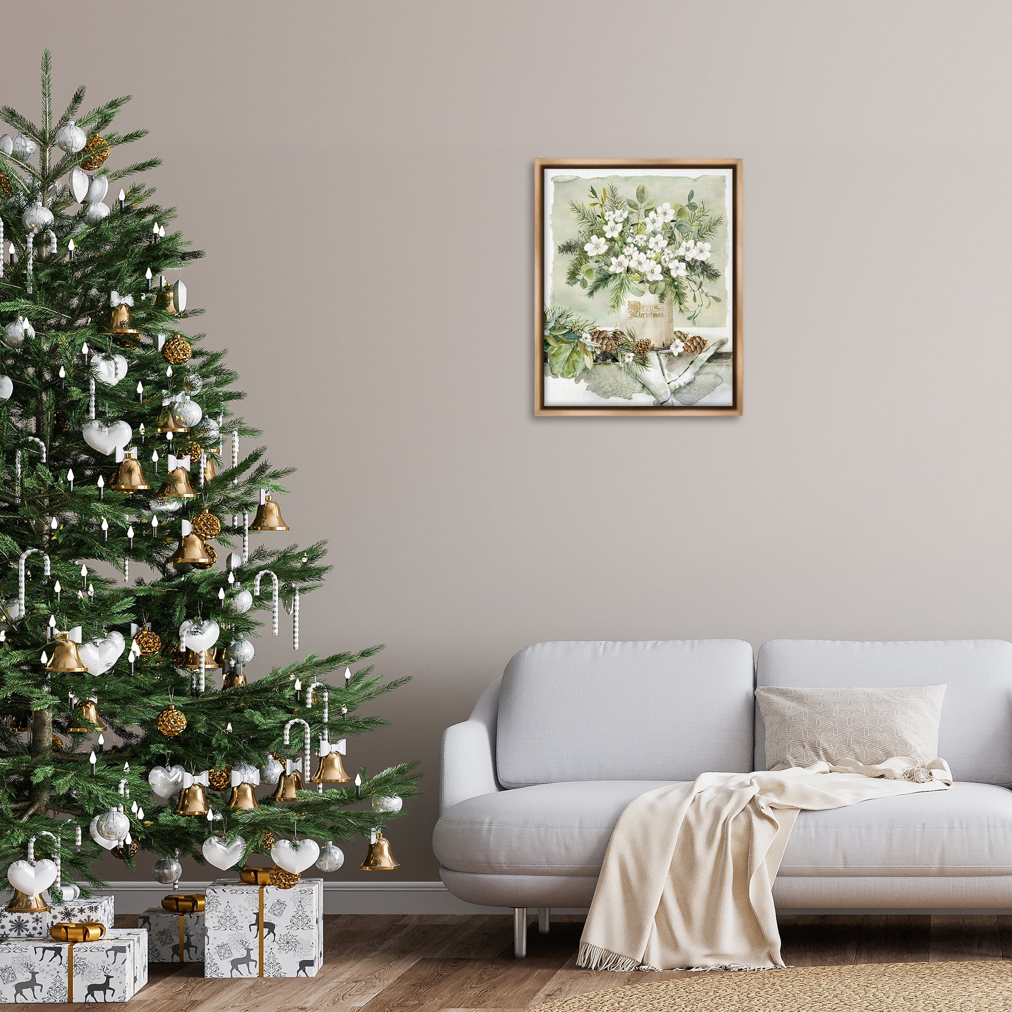Stupell Industries White Christmas Flowers Vase Holiday Painting Brown Floater Framed Canvas Art Prints Wall Art, 25 x 31
