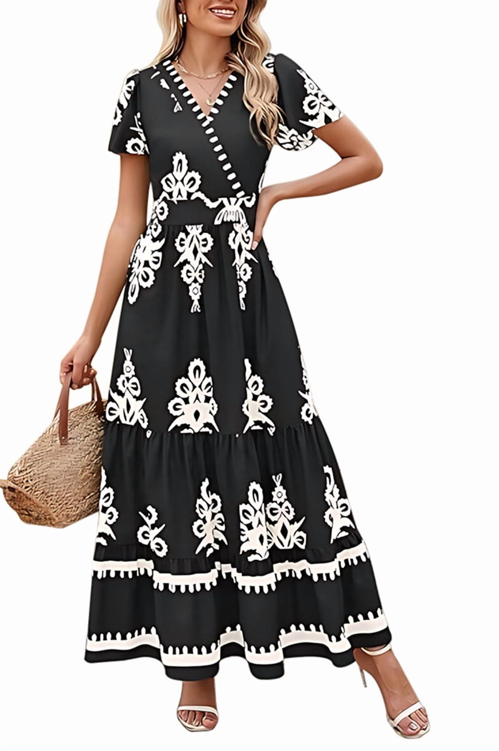 Womens 2025 Summer Casual V Neck Boho Maxi Dress Flowy Aline Bell Sleeve Tiered Floral Dresses with Pocket