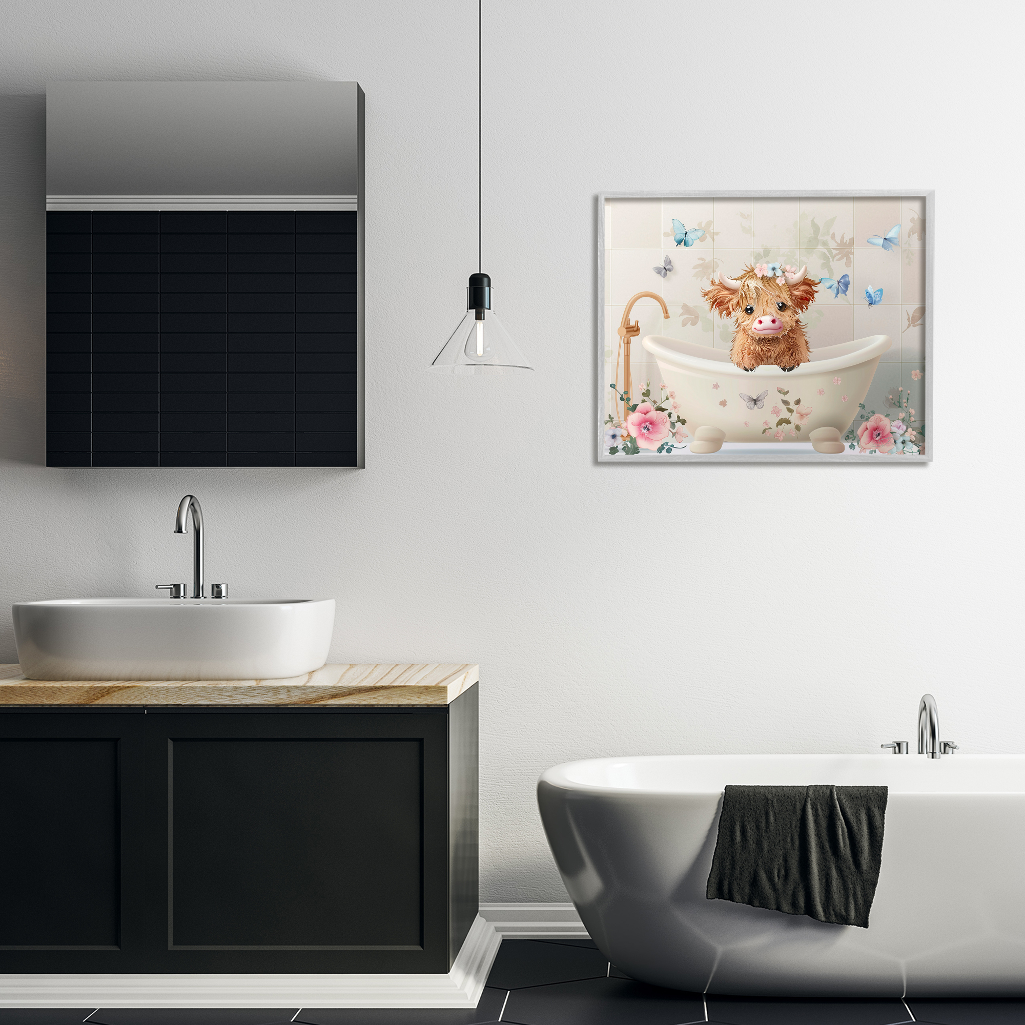 Baby Cattle in Floral Tub Gray Framed Giclee Art, design by Shawna Stewart