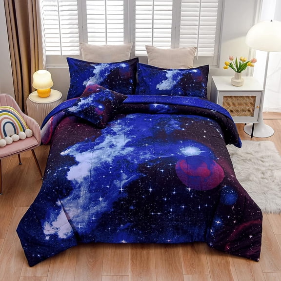 Galaxy 6Pcs Bedding Sets Outer Space Comforter Bed in a Bag 3D Printed Quilt,for Children Boy Girl Teen Kids,Full 6Pcs