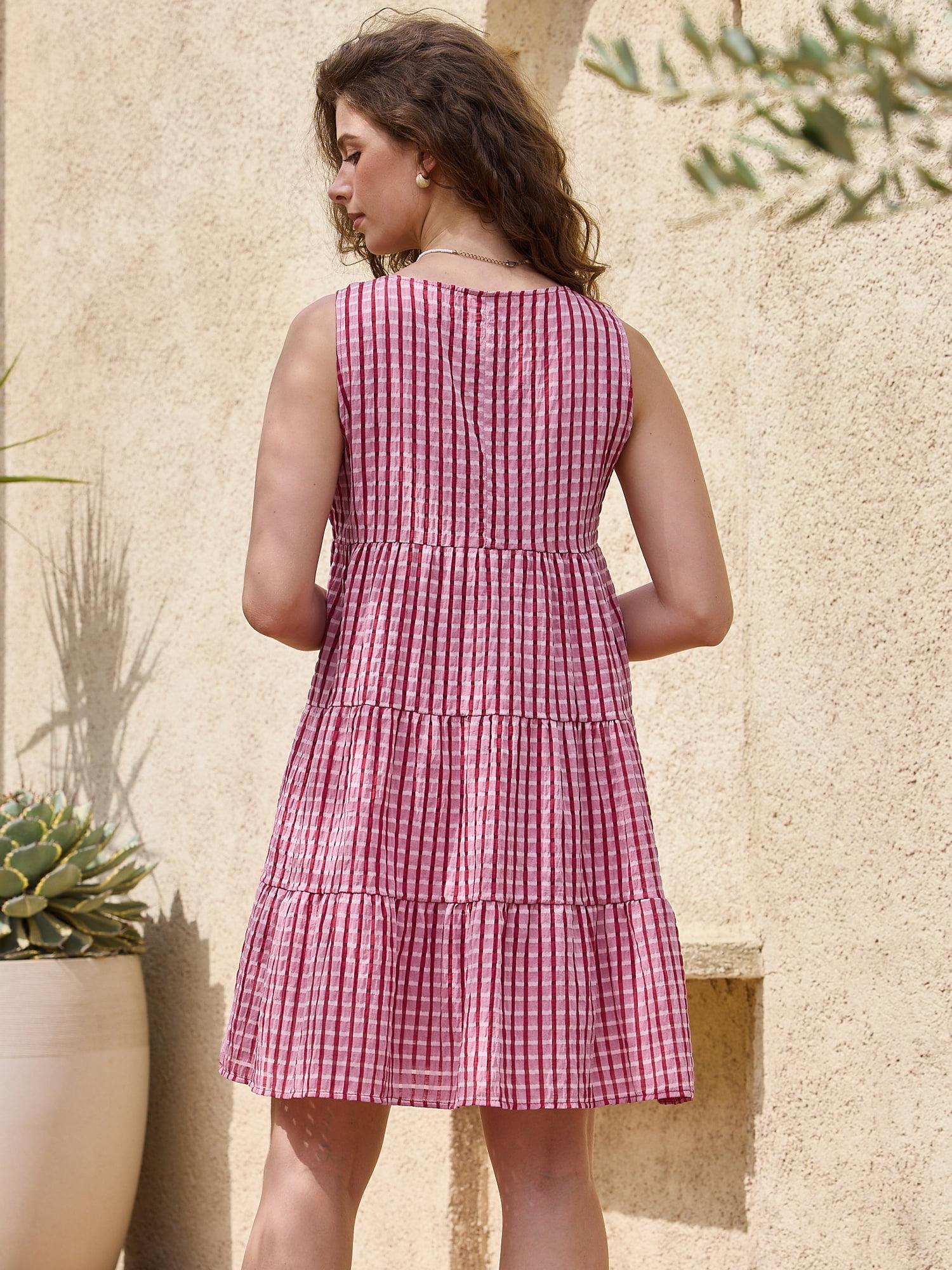 DARING DIVA Women's Gingham Flowy Swing Plaid Tiered Short Dresses S Red