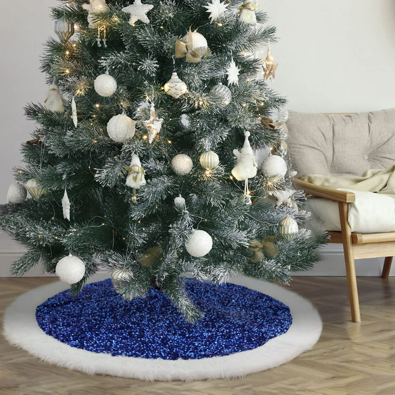 Contemporary Home Living Tree Accessories 48 Inch And Smaller  48 Pale  Blue Round Christmas Tree Skirt with Champagne Sequin Border > Spellbound  Party Shop