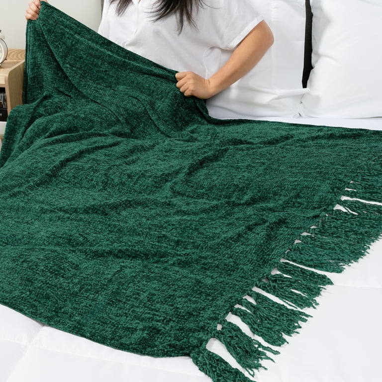 PAVILIA Emerald Green Chenille Blanket for Twin Size Bed, Soft