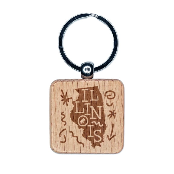 Illinois State with Text Swirls Square Keychain Charm Tag - Engraved Wood