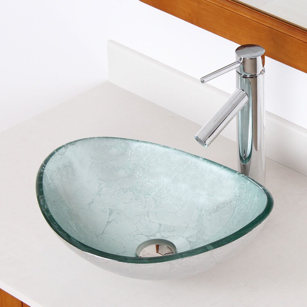 Elite Unique Oval Artistic Silver Tempered Glass Bathroom Vessel Sink