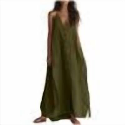 Yangnuo Women's V-Neck Spaghetti Strap Maxi Dress, Button-Front Solid Color Casual Sundress Ladies Loose Flowy Linen Style Beach Dress with Side Slit, Perfect for Vacation Army Green L