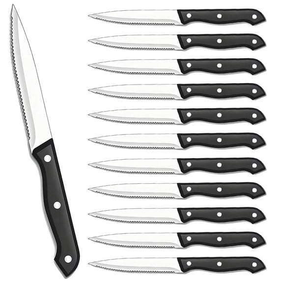 MYVIT 12 PCS Black Serrated Steak Knives Set, Stainless Steel Kitchen Dinner Knife for Home Restaurant Party Wedding Meat Cutting, Dishwasher Safe