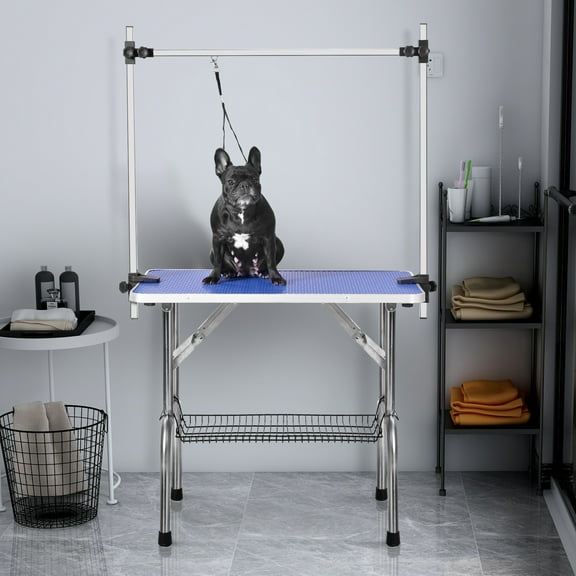 Pefilos 46" Dog Grooming Table for Large Medium Dogs and Cat Professional Portable Trimming Table with Arm/Noose/Mesh Tray Pet Grooming Table, Blue