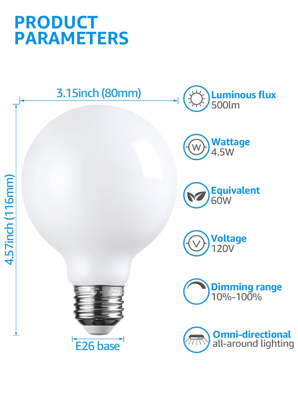 24 Pack G25 LED Light Bulbs Dimmable, Round Frosted Vanity Light Bulb for Bathroom, 4.5W(60W Eqv.), 500lm, E26 Base, 2700K Soft White