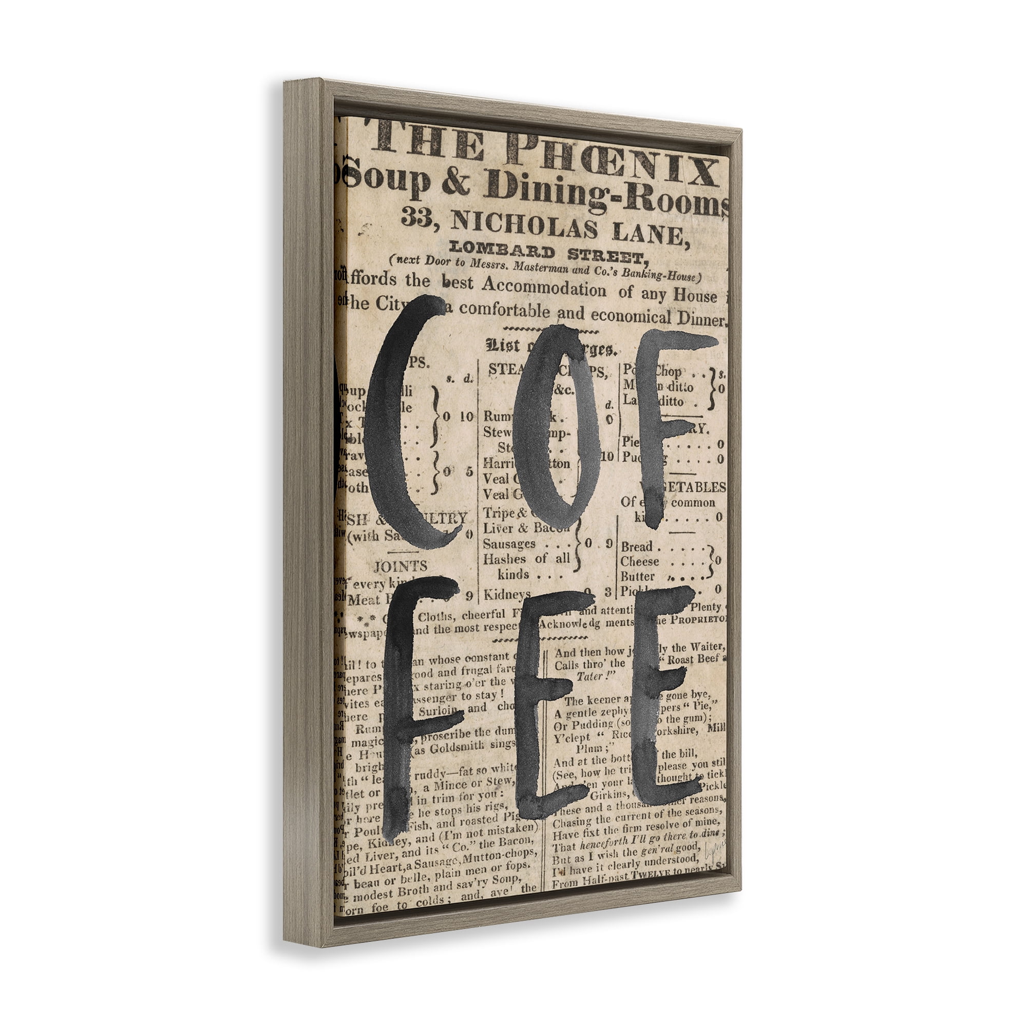 Stupell Industries Vintage Coffee Newspaper Brown Framed Floater Canvas Wall Art, design by Lucille Price