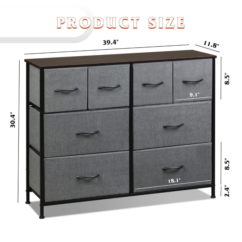 Kelno 8 Drawers Fabric Dresser Wide Wood Top Cabinet Storage Tower Metal Frame Clothes Organizer for Bedroom Living Room,Grey