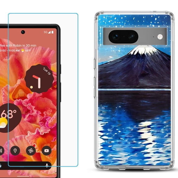 Slim-Fit Gel TPU Phone Case for Google Pixel 7, with Tempered Glass Screen Protector, by OneToughShield ® - Starry Night Fuji