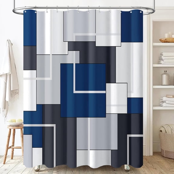 78 Inches Long Fabric Shower Curtain - 72x78 Geometric Waterproof Cloth Shower Curtains Set with Plastic Hooks, Tall Hotel Spa Modern Luxury Polyester Shower Curtain for Bathroom, Navy Blue