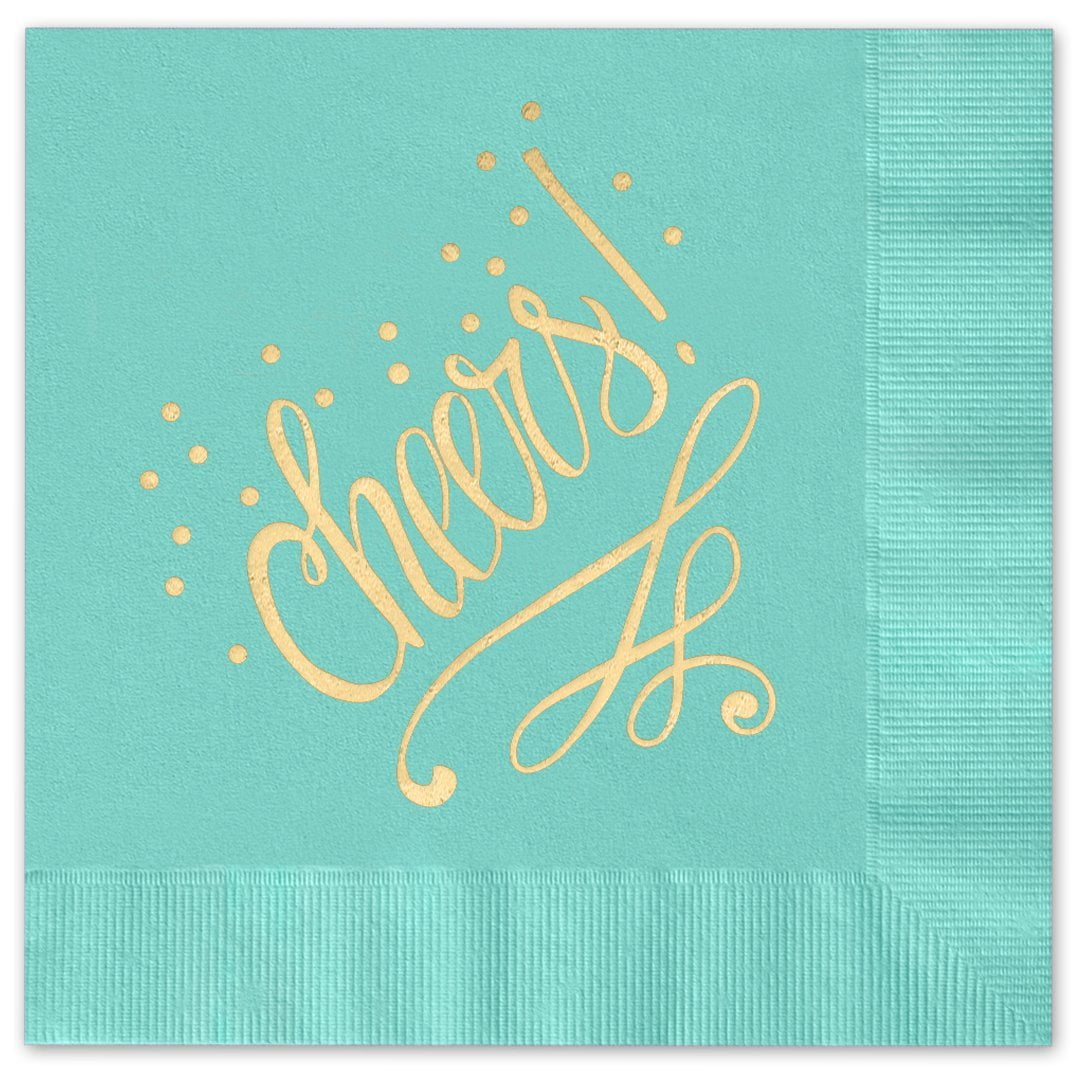 Cheers to You! Beverage Cocktail Napkins Set of 25 aqua paper napkins with gold foil by