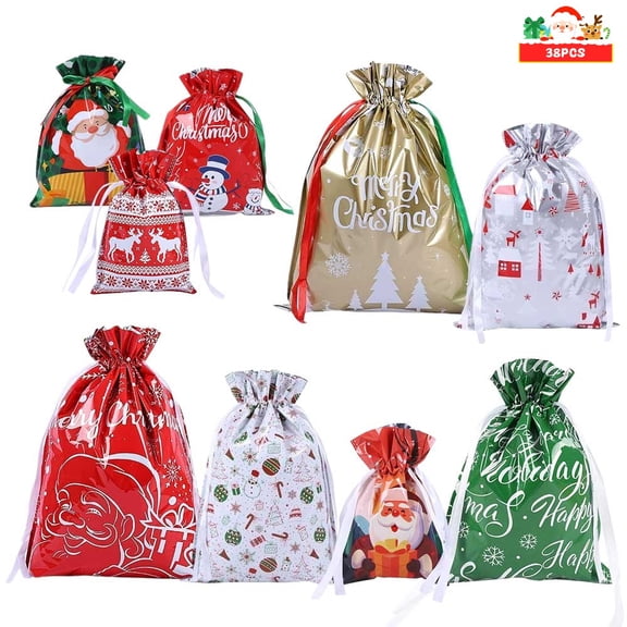 Christmas Drawstring Gift Bags 38PCS Bulk Santa Snowman Reindeer Design,Christmas Goodie Bags Plastic Drawstring Treat Bags