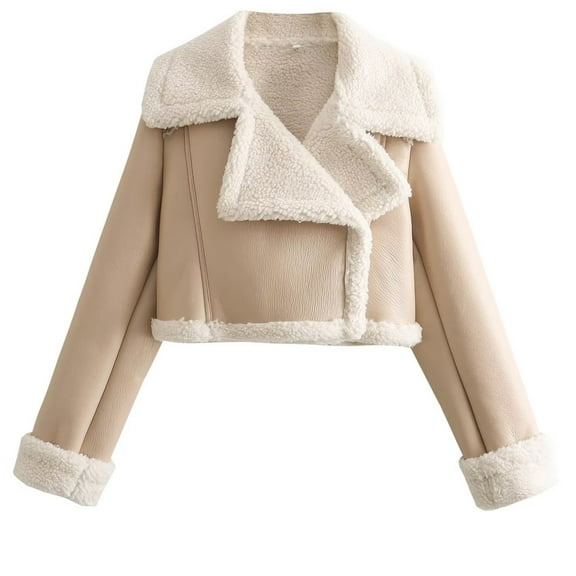 WCMZJ Women Winter Leather Jacket Thicken Fleece Lined Motorcycle Jacket Faux Fur Shearling Fluffy Coat Cropped Bomber Jacket Beige L