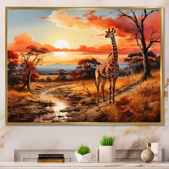 Designart "African Girafes Savanna horizon I" Animals Floater Framed Wall Art Print