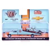 1973 Chevrolet C30 Wedge Truck & Silverado 10 Bedless Truck #15 Light Blue and Orange (Rusted) 1/64 Diecast Model by M2 Machines