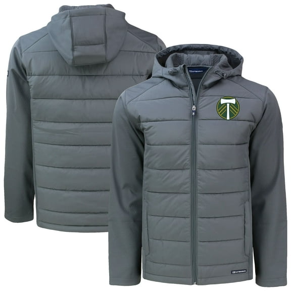 Men's-Cutter & Buck Gray Portland Timbers Evoke Hybrid Eco Softshell Recycled Full Zip Hooded Jacket