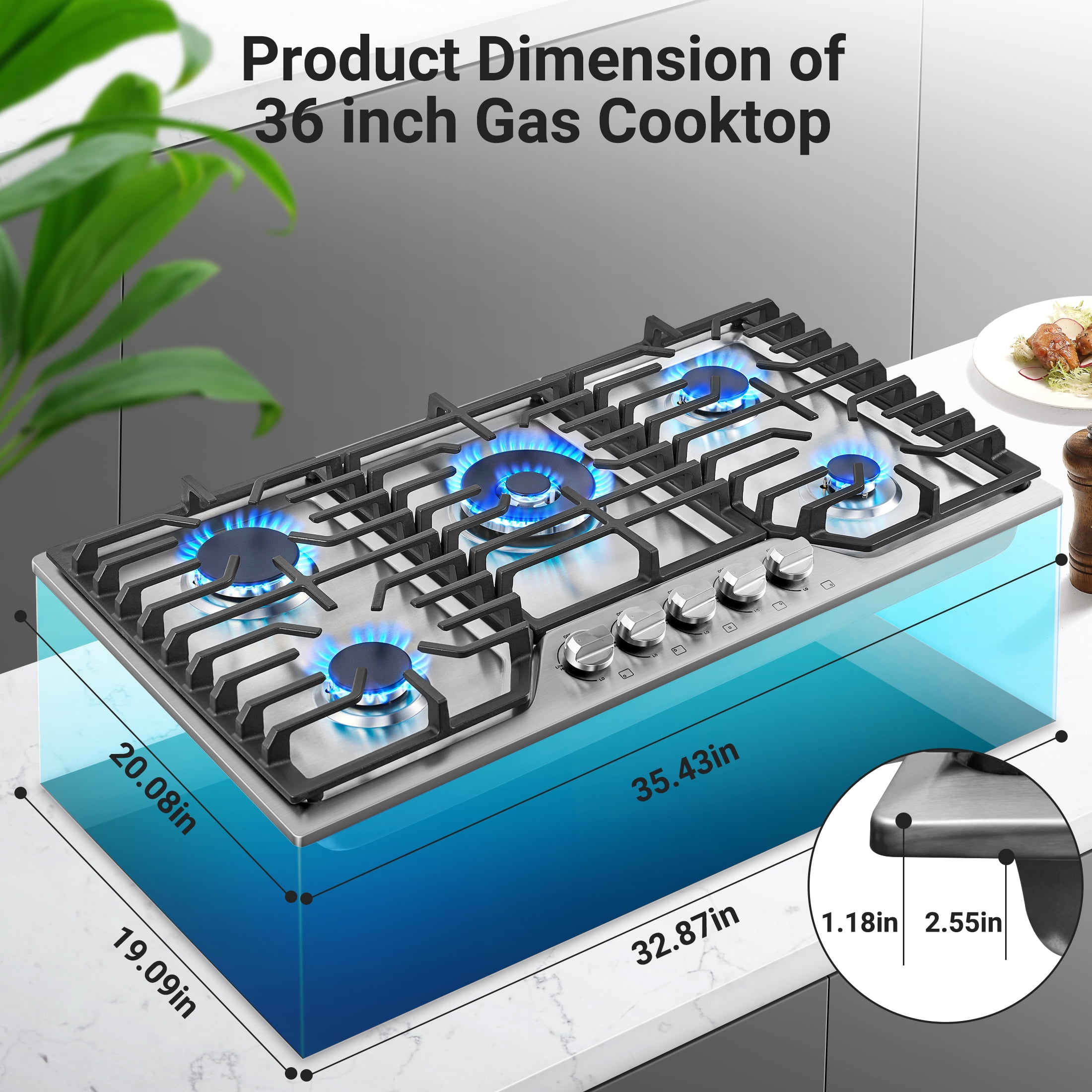 Sunmaki 36 inch Gas Cooktop with 5 High-Efficiency Burners, Heat-Resistant SABAF Stovetop, LPG Compatible, 110V