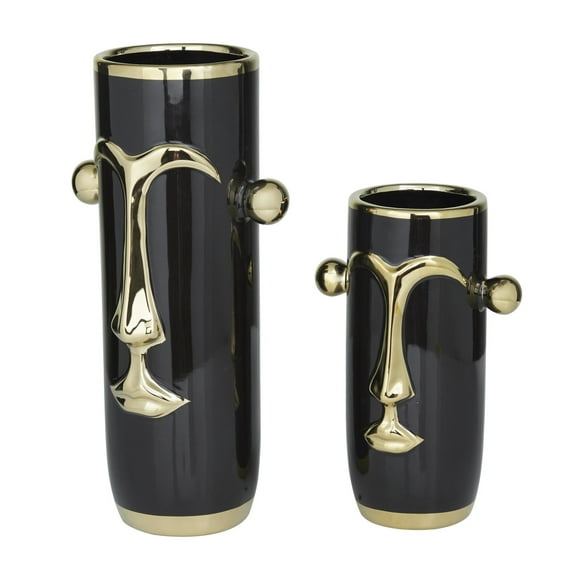 DecMode 16", 11"H Face Abstract Black Ceramic Vase with Gold Details, Set of 2