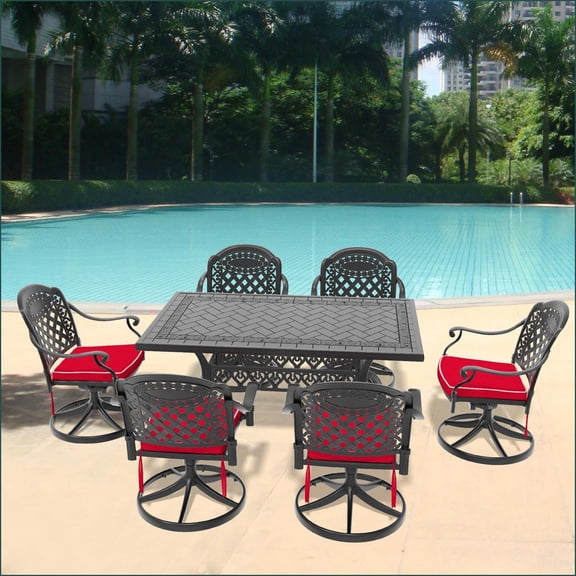Patio Dining Set | 7-Piece All-Weather Cast Aluminum – 6 Swivel Chairs & Rectangular Table | Black | Aluminum
