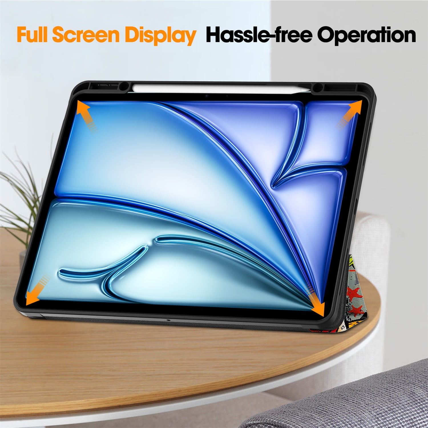 SaniMore for Apple iPad Air 13 (2024) Case, Auto Sleep/Wake, PU Leather Case with Tri-Fold Kickstand & Pencil Holder Shockproof Protective Cover for Women Men, Graffiti