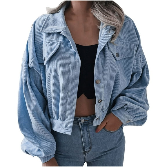 IROINNID Women's Short Blouson Jacket Solid Color Long Sleeve Street Lantern Sleeve Loose Short Coat Jacket, Blue