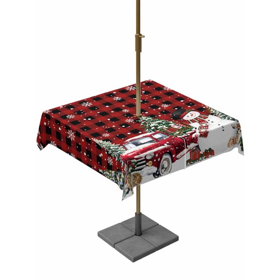 Outdoor Tablecloth with Umbrella Hole and Zipper, Red Plaid Christmas Snowman Square Table Cloth 54x54 Inch Waterproof Tablecloth, Xmas Truck Tree Snowflake Picnic Table Cover for Patio Camping