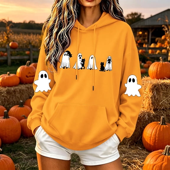 Mifsaly Halloween Hoodie Women Cute Graphic Drop Shoulder Hooded Sweatshirt Relaxed Fit Long Sleeve Fall Winter Loungewear Orange,L