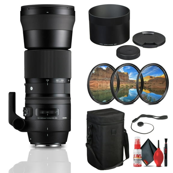 Sigma 150-600mm F5-6.3 DG Contemporary Lens for Nikon F (745-306) Bundle: 3-Piece Filter Kit, Full Cleaning Kit, Lens Cap Keeper, Lens Hood, Lens Case, Lens Caps, Protective Cover, Tripod Collar