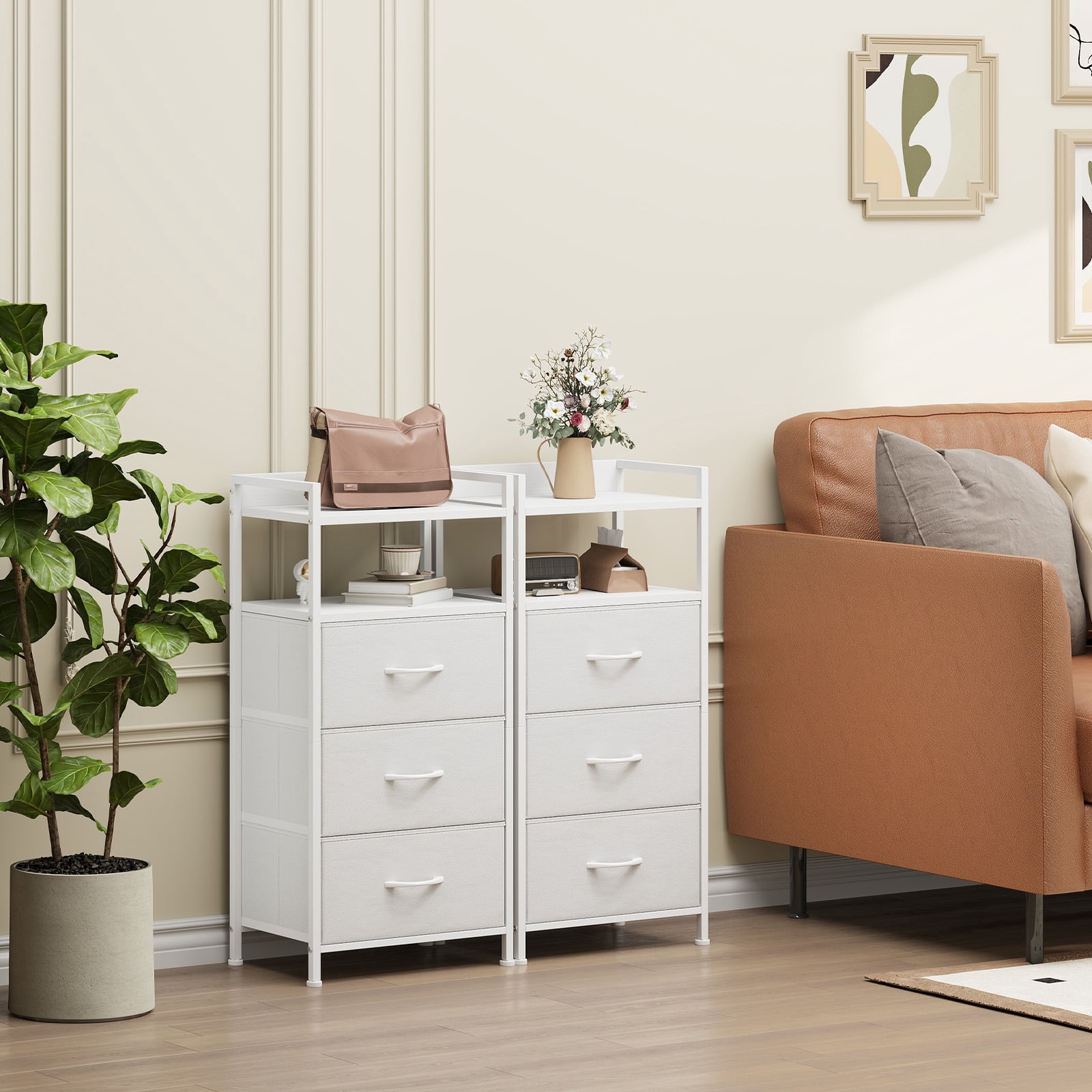 Eunos Small White Nightstand, 3 Vertical Fabric Drawer Dresser for Bedroom, Living Room, Hallway