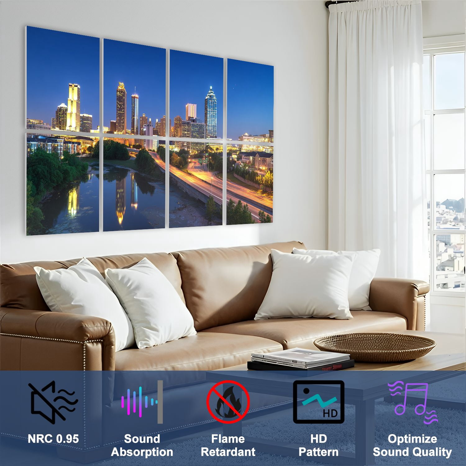 8 Pack Art Acoustic Panels Sound Absorbing Atlanta Georgia Skyline Decorative Soundproof Wall Panels Self Adhesive for Nursery Game Room Bedroom 48"x32"