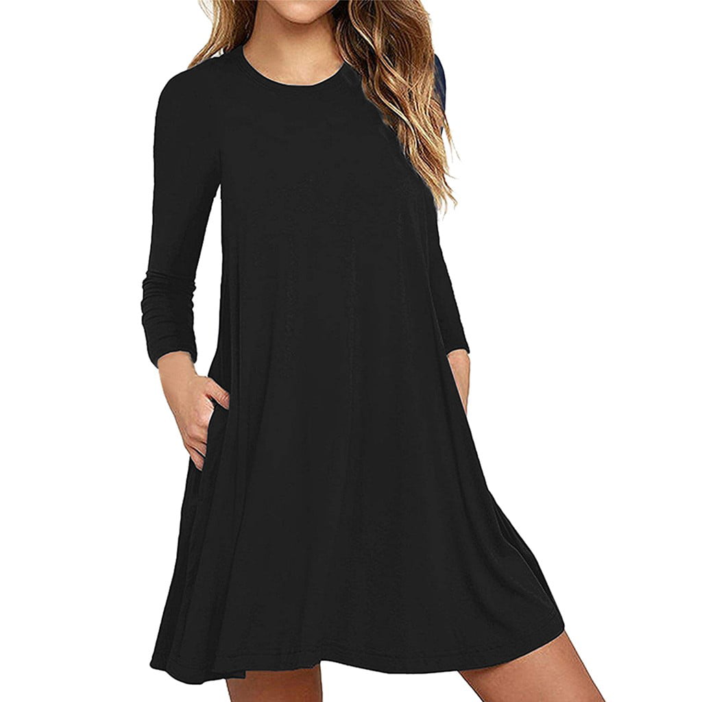 Women's Casual Long Sleeve Solid Color Swing Loose T-Shirt Dress 