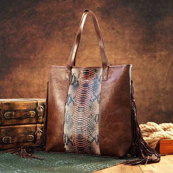 Women’s Fringe Faux Leather Tote Bag with Snakeskin Pattern – Brown,Black Large Capacity Handbag