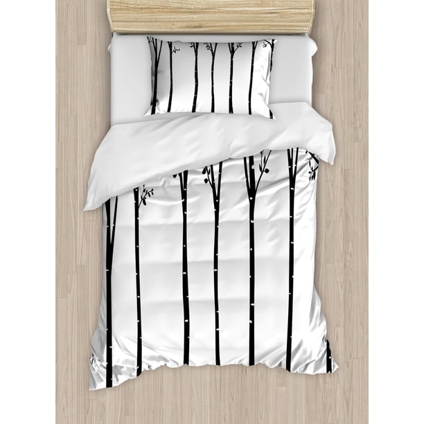 Black and White Duvet Cover Set Twin Size, Monochrome Birch Tree