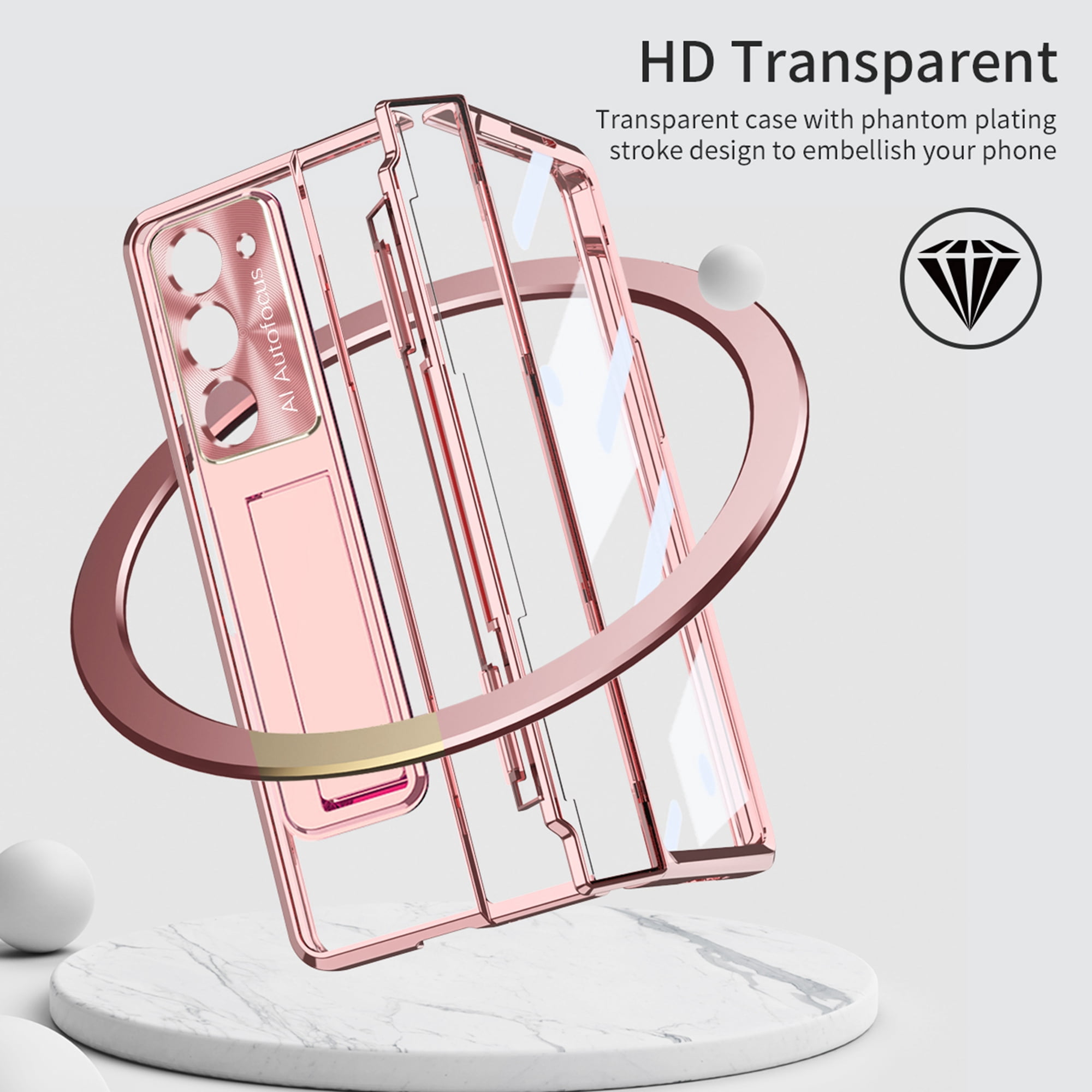 Dteck for Samsung Galaxy Z Fold 5 Case, Hinge Protection with Kickstand, Transparent Clear Back Cover with Built-in Screen Protector Shockproof Full Protective Phone Case for Z Fold5 2023,Rosegold